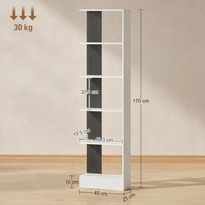  Raft ingust cu 5 Etajere, Raft Economisitor de Spatiu Modern din Lemn, Biblioteca pentru Baie, Living, Dormitor, Birou, 45x21x170 cm, Alb si Negru [3]