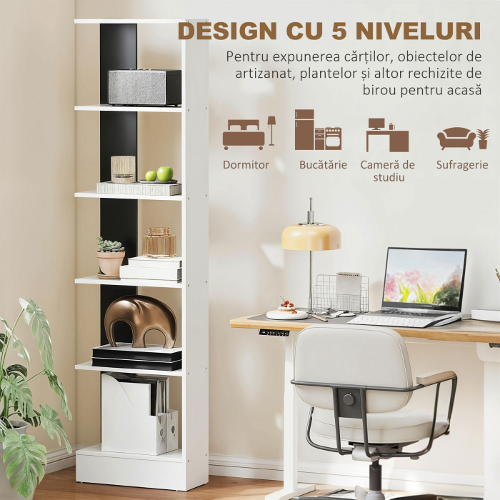  Raft ingust cu 5 Etajere, Raft Economisitor de Spatiu Modern din Lemn, Biblioteca pentru Baie, Living, Dormitor, Birou, 45x21x170 cm, Alb si Negru [6]