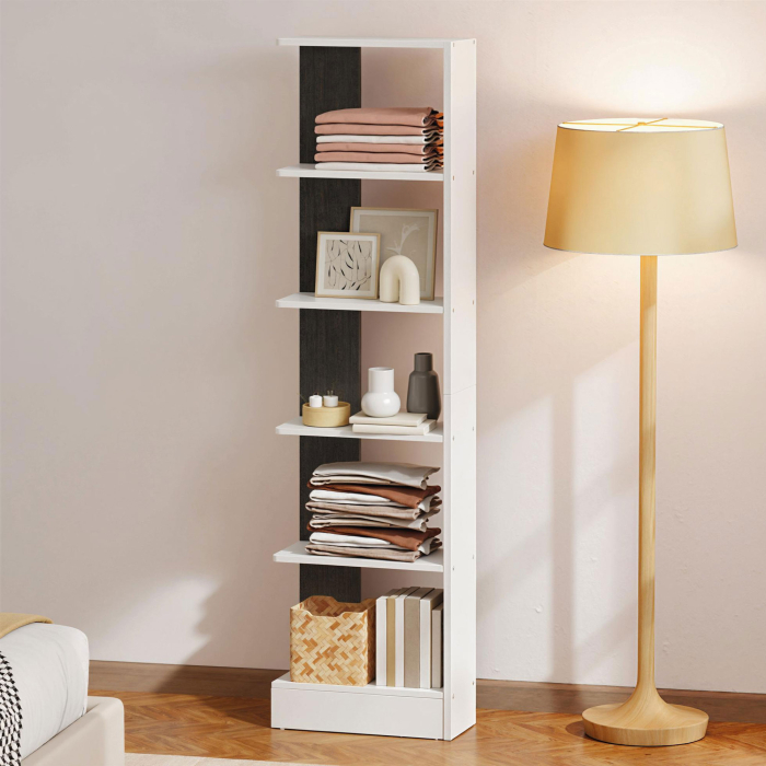  Raft ingust cu 5 Etajere, Raft Economisitor de Spatiu Modern din Lemn, Biblioteca pentru Baie, Living, Dormitor, Birou, 45x21x170 cm, Alb si Negru [9]