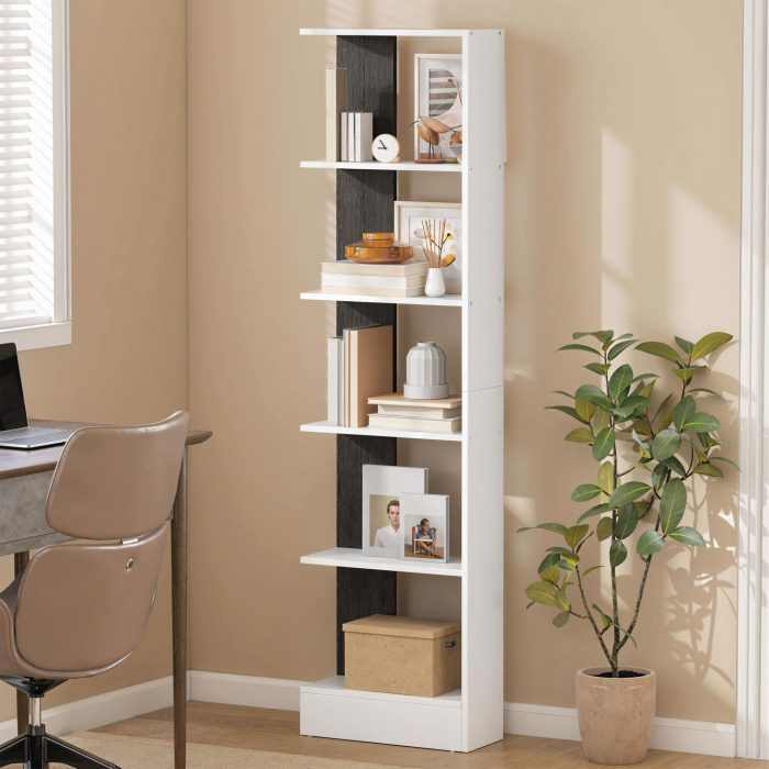  Raft ingust cu 5 Etajere, Raft Economisitor de Spatiu Modern din Lemn, Biblioteca pentru Baie, Living, Dormitor, Birou, 45x21x170 cm, Alb si Negru [7]