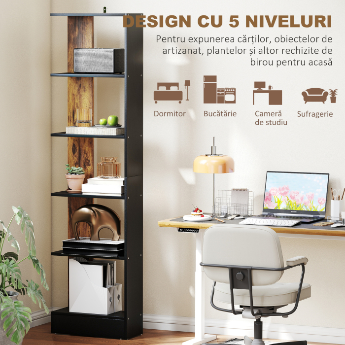  Raft ingust cu 5 Etajere, Raft Economisitor de Spatiu Modern din Lemn, Biblioteca pentru Baie, Living, Dormitor, Birou, 45x21x170 cm, Maro Rustic [6]