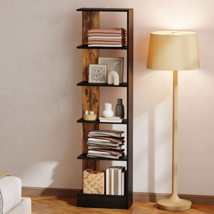  Raft ingust cu 5 Etajere, Raft Economisitor de Spatiu Modern din Lemn, Biblioteca pentru Baie, Living, Dormitor, Birou, 45x21x170 cm, Maro Rustic [9]