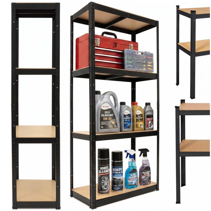 Raft metalic de depozitare cu 4 polite reglabile MDF, capacitate 700 kg, 80x40x174 cm, negru [2]