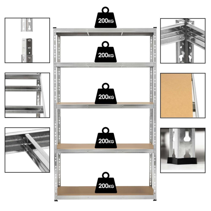 Raft metalic de depozitare cu 5 polite reglabile MDF, structura zincata, capacitate 1000 kg, 120x45x205 cm, gri [11]