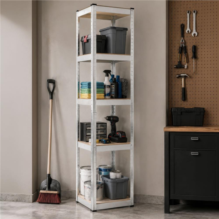 Raft metalic de depozitare cu 5 polite reglabile MDF, structura zincata, capacitate 500 kg, 40x40x180 cm, gri [16]