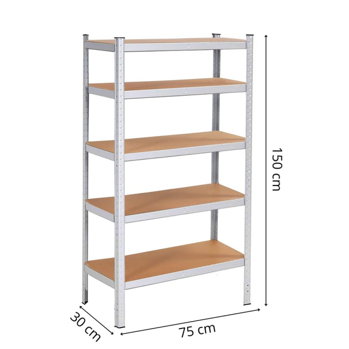 Raft metalic depozitare cu 5 polite MDF, capacitate 675 kg, 75x30x150 cm, argintiu [20]