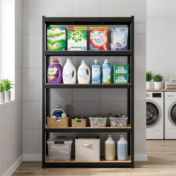 Raft metalic depozitare cu 5 polite MDF, capacitate 675 kg, 75x30x150 cm, negru [26]