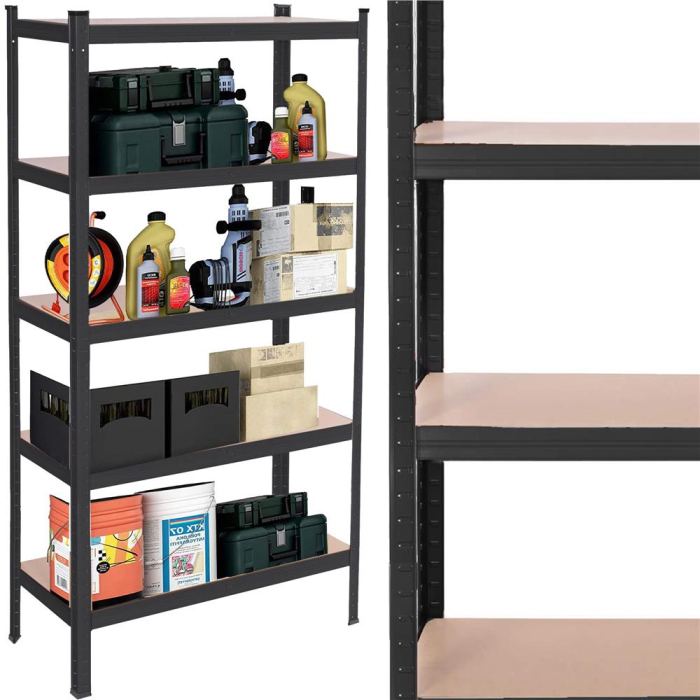 Raft metalic depozitare cu 5 polite MDF, capacitate 675 kg, 75x30x150 cm, negru [9]