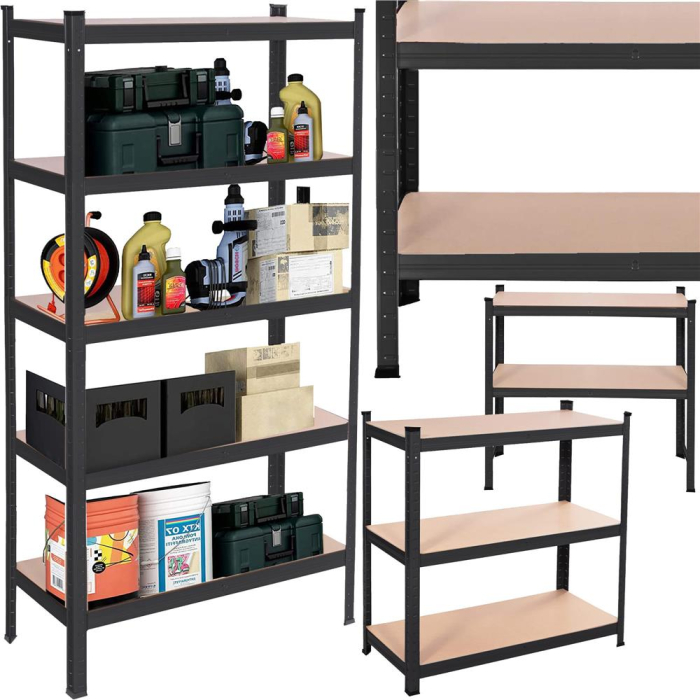 Raft metalic depozitare cu 5 polite MDF, capacitate 675 kg, 75x30x150 cm, negru [6]