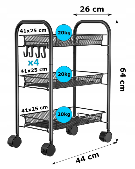 Raft metalic mobil tip carucior pentru bucatarie, 3 polite si 4 agatatori, negru, 44x26x64cm [10]