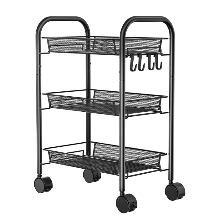 Raft metalic mobil tip carucior pentru bucatarie, 3 polite si 4 agatatori, negru, 44x26x64cm [1]