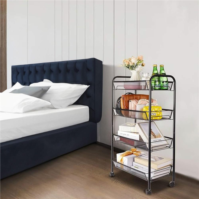 Raft metalic mobil tip carucior pentru bucatarie, 4 polite si 4 agatatori, negru, 44x26x85cm [13]