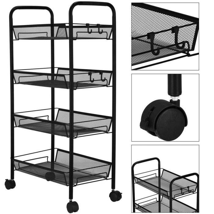 Raft metalic mobil tip carucior pentru bucatarie, 4 polite si 4 agatatori, negru, 44x26x85cm [11]