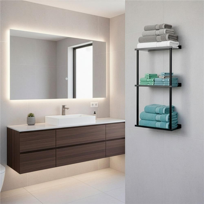 Raft metalic pentru prosoape, structura cu finisaj mat, accesorii montaj incluse, 25x16x76 cm, negru [10]