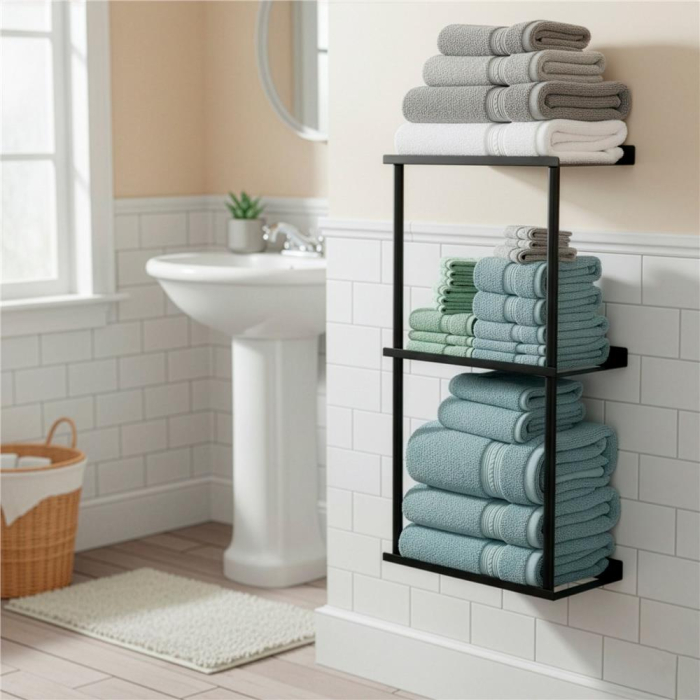 Raft metalic pentru prosoape, structura cu finisaj mat, accesorii montaj incluse, 25x16x76 cm, negru [9]