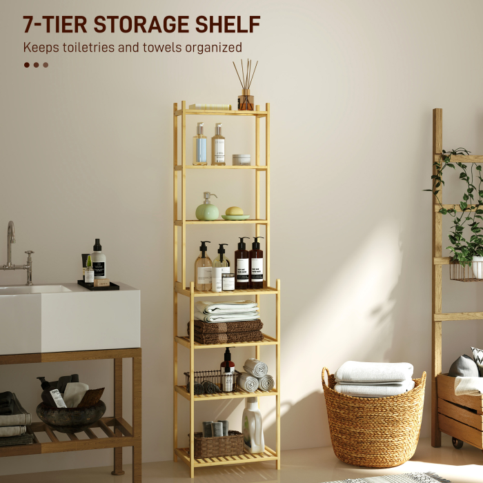  Raft Mobil pentru Baie cu 7 Polite, Depozitare si Organizare, Dulap din Bambus, 44x33x180 cm, Culoare Lemn [4]