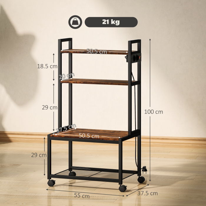  Raft Mobil pentru Imprimanta cu 4 Niveluri, Prize de Curent, Roti si Cadru din Metal, 55x37.5x100 cm, Maro [3]