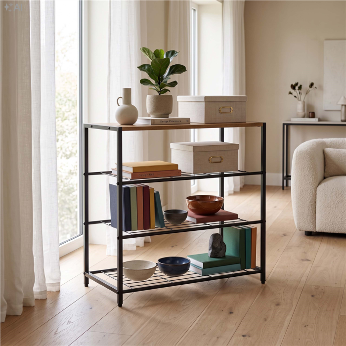 Raft multifunctional cu 2 polite si blat superior pentru depozitare, structura metalica rezistenta din otel si rafturi din MDF, picioare reglabile ant [19]