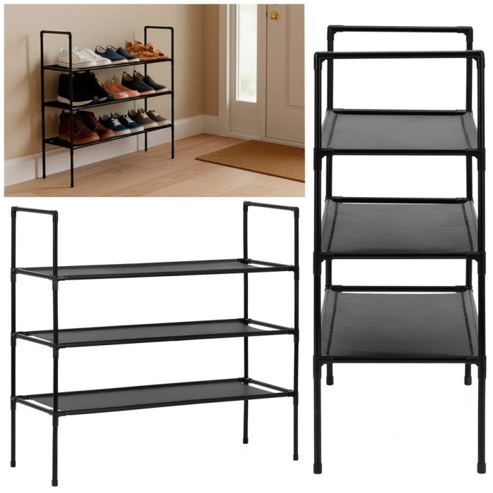 Raft pantofi cu 3 polite, structura metalica si rafturi textile, 72x28x70 cm, negru [5]