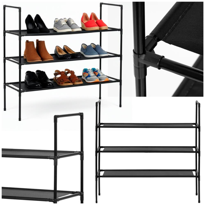 Raft pantofi cu 3 polite, structura metalica si rafturi textile, 72x28x70 cm, negru [6]