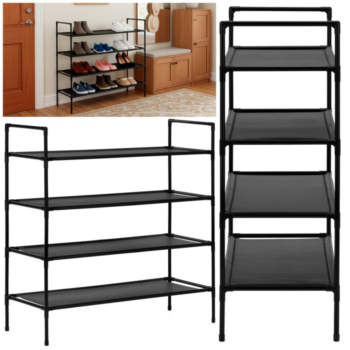 Raft pantofi cu 4 polite, structura metalica si rafturi textile, 72x28x75 cm, negru [5]