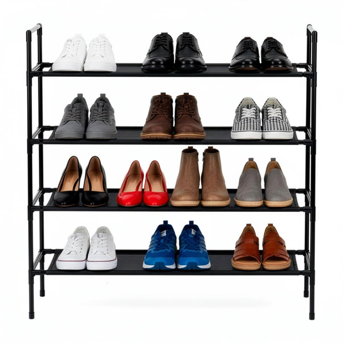 Raft pantofi cu 4 polite, structura metalica si rafturi textile, 72x28x75 cm, negru [11]