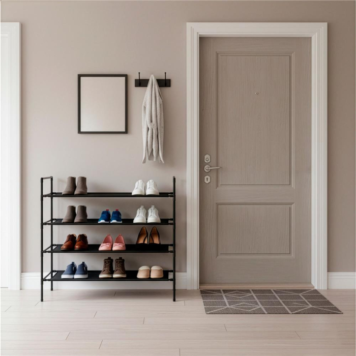 Raft pantofi cu 4 polite, structura metalica si rafturi textile, 72x28x75 cm, negru [12]