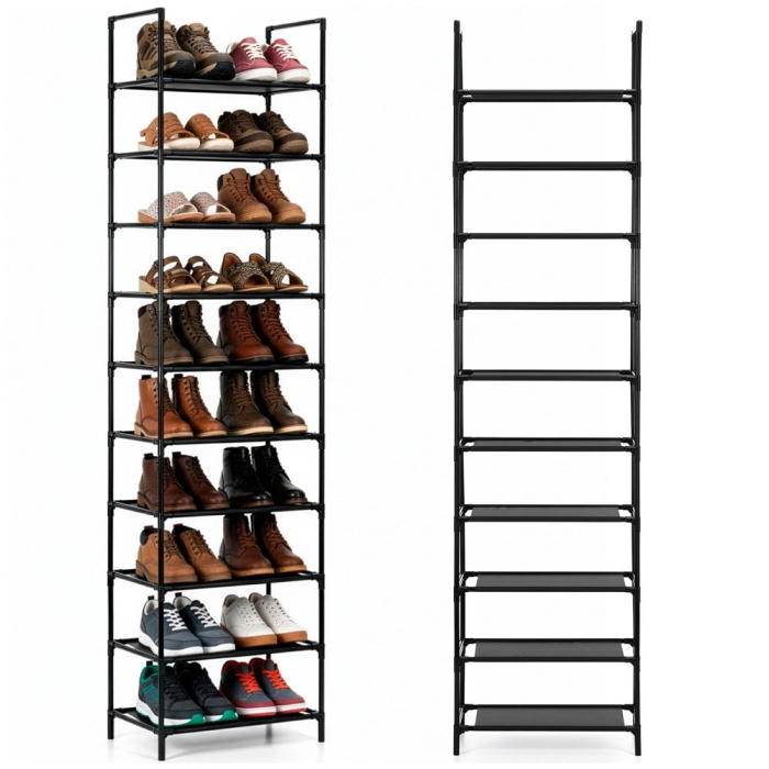 Raft pantofi inalt cu 10 polite, structura metalica si rafturi textile, 45x28x178 cm, negru [7]