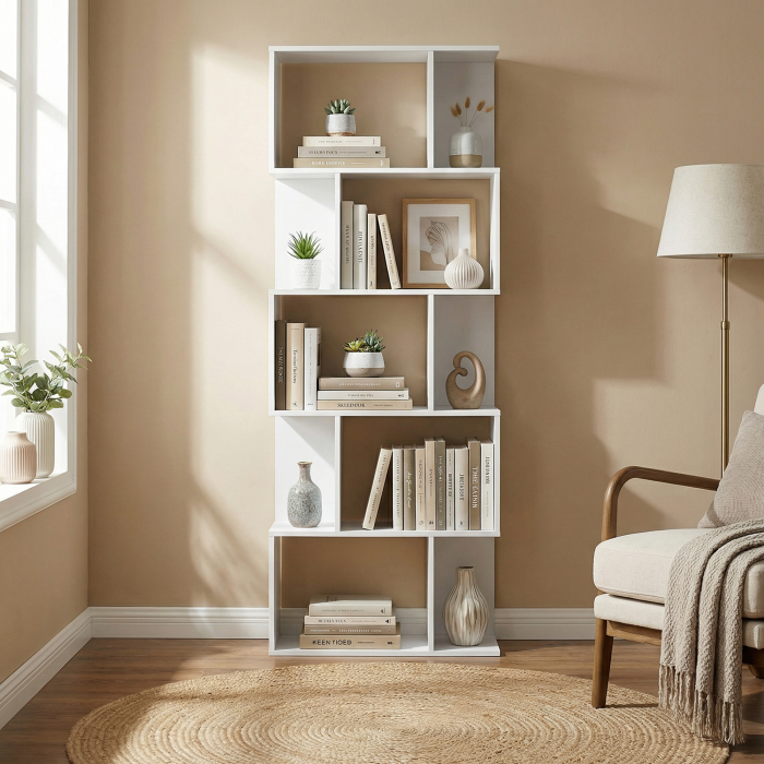  Raft pentru Carti cu 5 Rafturi Separate, Biblioteca in Forma de S din Lemn, 60x24x184,5 cm, Alb [2]