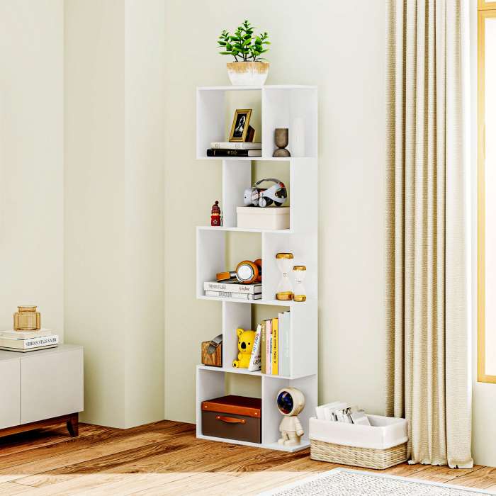  Raft pentru Carti cu 5 Rafturi Separate, Biblioteca in Forma de S din Lemn, 60x24x184,5 cm, Alb [8]