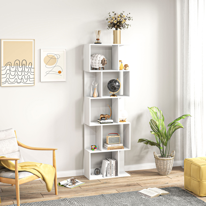  Raft pentru Carti cu 5 Rafturi Separate, Biblioteca in Forma de S din Lemn, 60x24x184,5 cm, Alb [7]