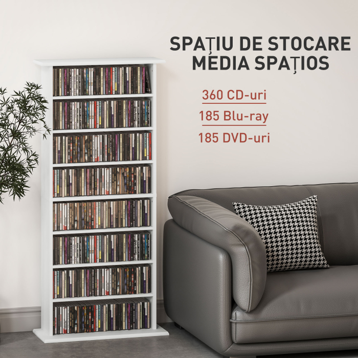  Raft pentru CD-uri cu 6 rafturi reglabile, capacitate de 360 CD-uri/185 DVD-uri, 58x24x124.5 cm, alb [4]