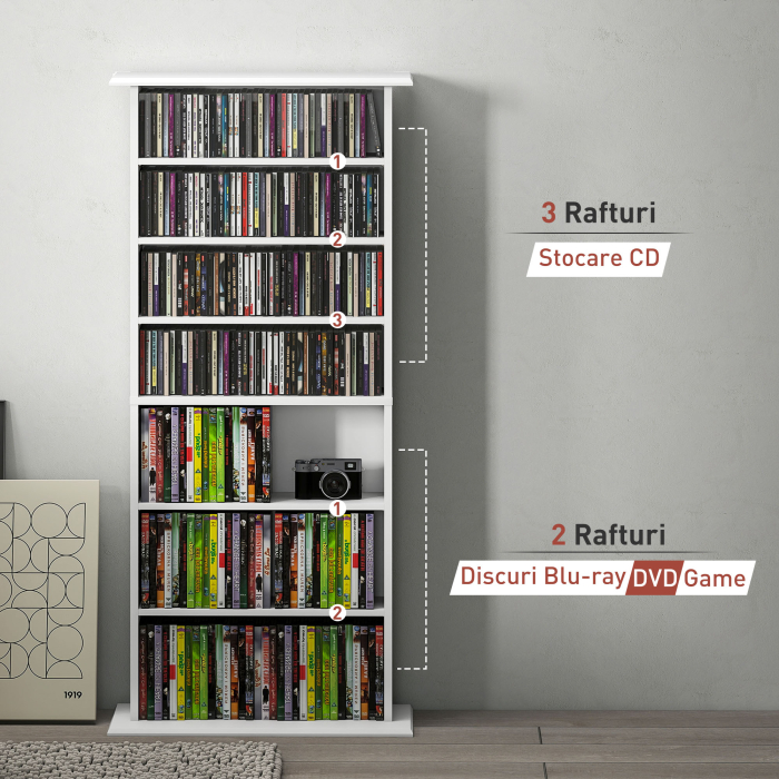  Raft pentru CD-uri cu 6 rafturi reglabile, capacitate de 360 CD-uri/185 DVD-uri, 58x24x124.5 cm, alb [8]