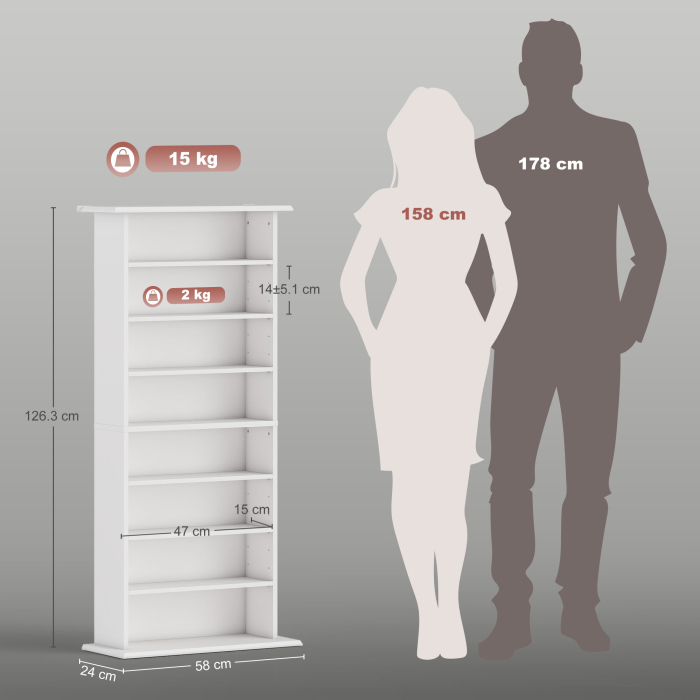  Raft pentru CD-uri cu 6 rafturi reglabile, capacitate de 360 CD-uri/185 DVD-uri, 58x24x124.5 cm, alb [3]