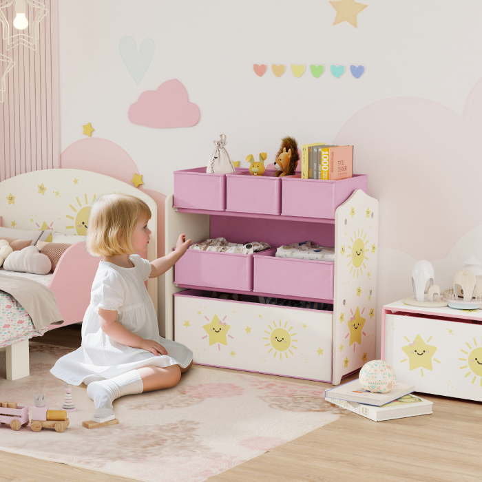  Raft pentru Depozitarea Jucariilor Copii cu 3 Niveluri si 6 Containere din Material Textil Detasabile, Mobilier pentru Camera de Joaca, Dormitor si Living, Roz [2]