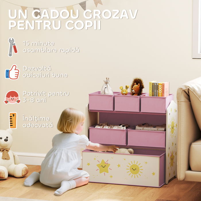  Raft pentru Depozitarea Jucariilor Copii cu 3 Niveluri si 6 Containere din Material Textil Detasabile, Mobilier pentru Camera de Joaca, Dormitor si Living, Roz [6]