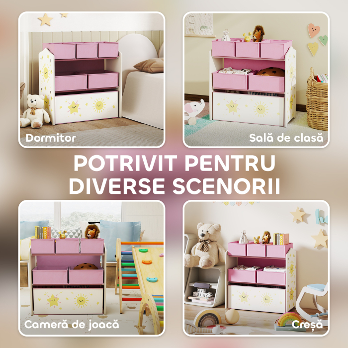  Raft pentru Depozitarea Jucariilor Copii cu 3 Niveluri si 6 Containere din Material Textil Detasabile, Mobilier pentru Camera de Joaca, Dormitor si Living, Roz [7]