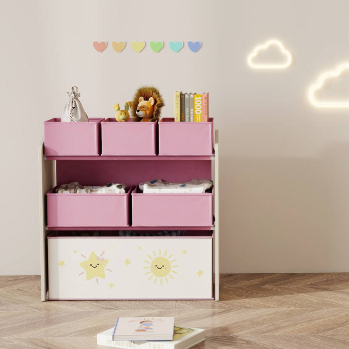  Raft pentru Depozitarea Jucariilor Copii cu 3 Niveluri si 6 Containere din Material Textil Detasabile, Mobilier pentru Camera de Joaca, Dormitor si Living, Roz [9]
