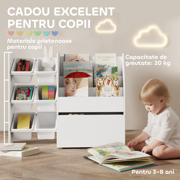  Raft pentru jucarii cu 6 cosuri, 3 rafturi, din lemn, plastic si otel, 100x30x80 cm, alb [7]