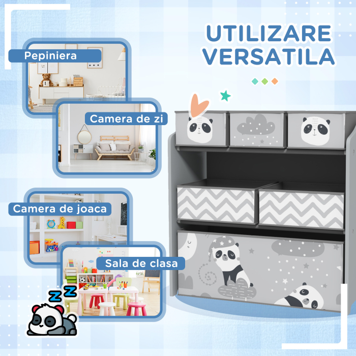  Raft pentru Jucarii pentru Copii cu 6 Recipiente Detasabile din Material Textil, 63x30x66cm, Gri [6]