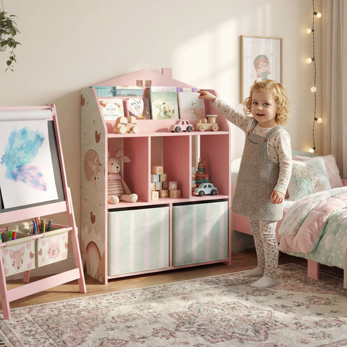  Raft pentru jucarii pentru copii cu sertare din material textil rafturi deschise design cu vulpi organizator de jucarii roz [2]