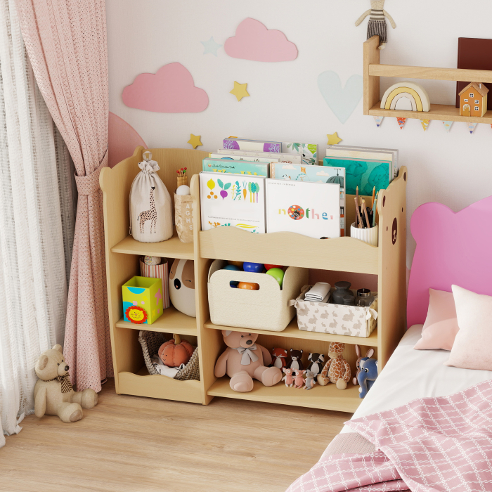  Raft pentru Jucarii pentru Copii de 3-8 Ani cu Rafturi Deschise si Compartimente, din Lemn, 92x29x79 cm, culoare Lemn [8]