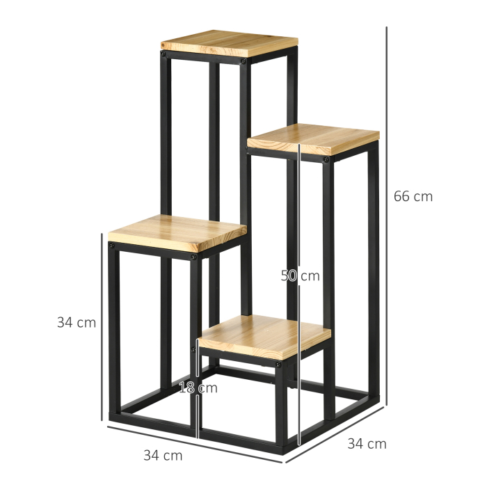  Raft pentru Plante cu 4 niveluri din Metal si Lemn de Brad pentru Interior si Exterior, 34x34x66 cm, Natural [3]