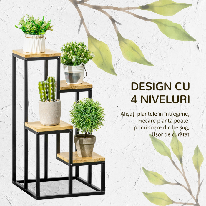  Raft pentru Plante cu 4 niveluri din Metal si Lemn de Brad pentru Interior si Exterior, 34x34x66 cm, Natural [4]