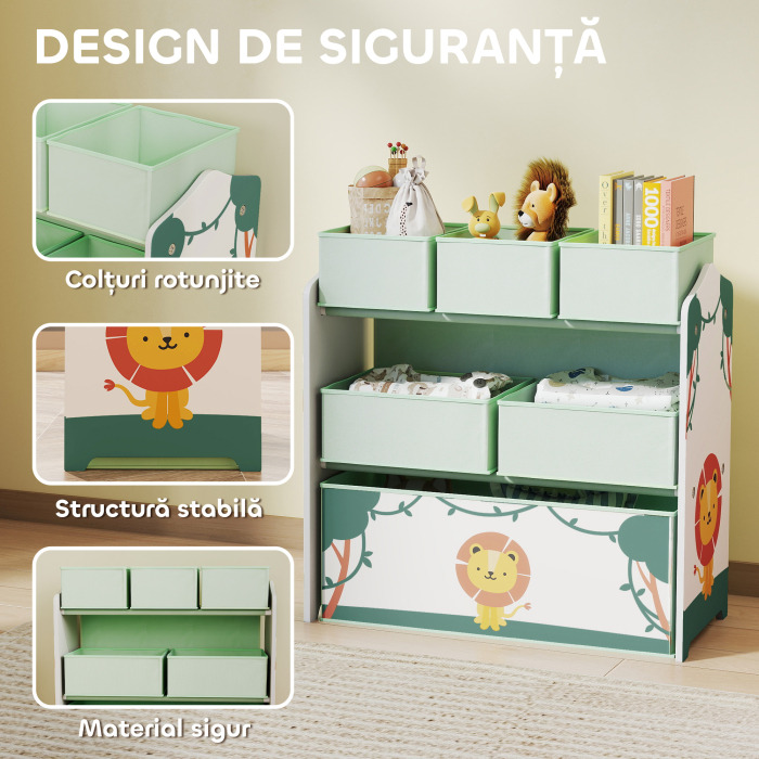  Raft Portabil pentru Jucarii Copii cu 3 Niveluri si 6 Containere Detasabile din Material Textil, Mobilier pentru Camera Copii, Sufragerie si Spatiu de Joaca, Verde [5]