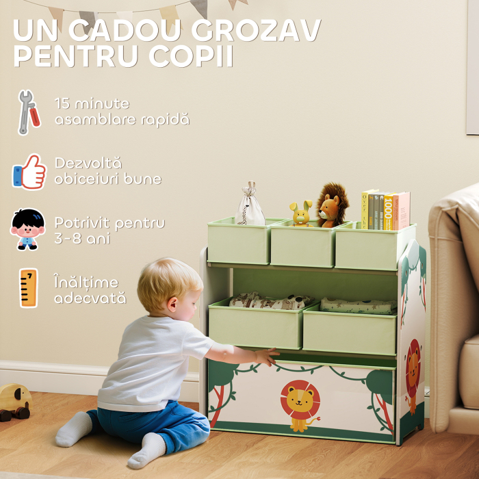  Raft Portabil pentru Jucarii Copii cu 3 Niveluri si 6 Containere Detasabile din Material Textil, Mobilier pentru Camera Copii, Sufragerie si Spatiu de Joaca, Verde [6]