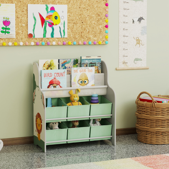  Raft Suport pentru Jucarii cu 6 Sertare si Biblioteca cu 2 Niveluri Verde [8]