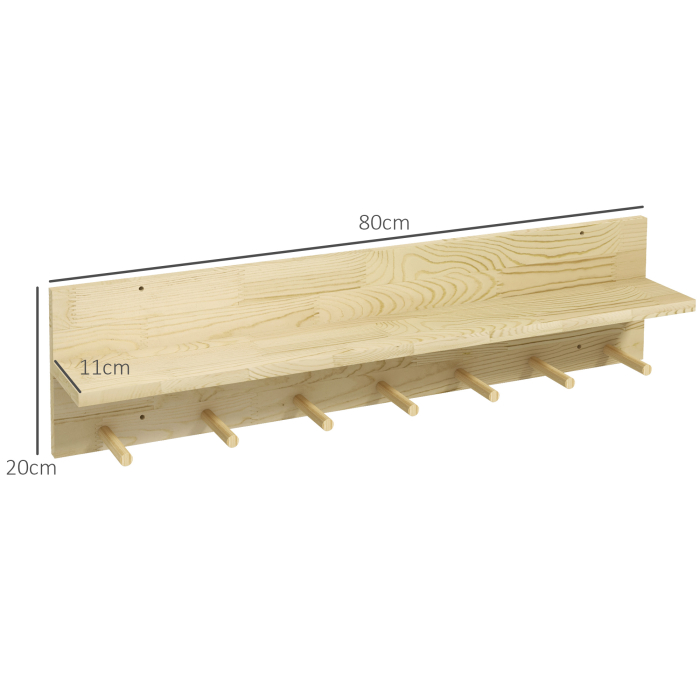  Raft Suspendat din Lemn de Brad, Raft de Perete cu 7 Carlige, Ton Natural [3]