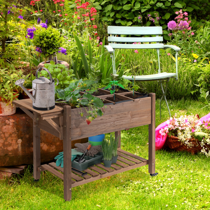  Raised Garden Bed Planter Box w/ 8 Grow Grids, Storage Shelf & Lockable Wheels [2]