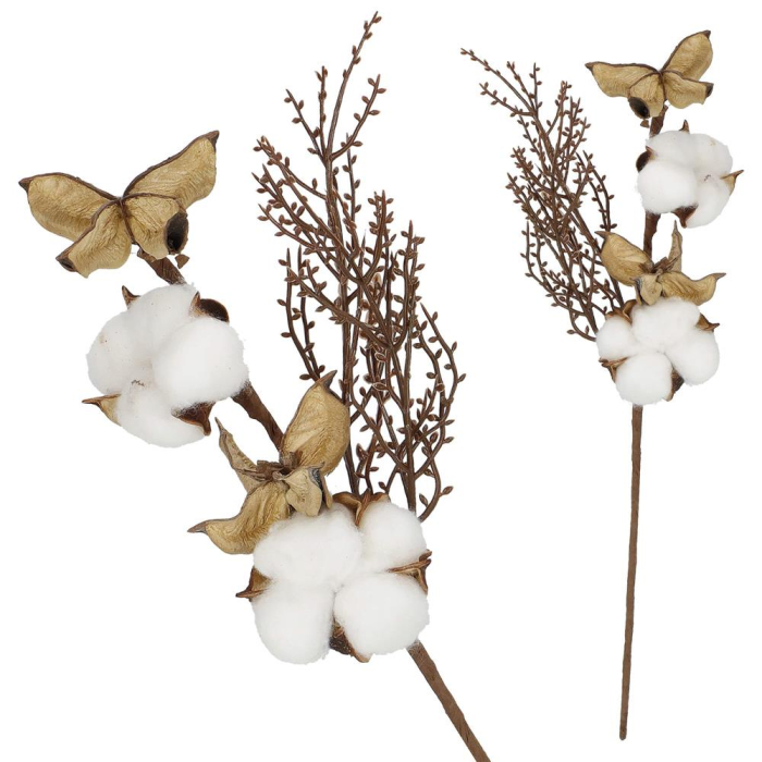 Ramura decorativa Craciun cu bumbac si plante uscate, 37 cm, alb/maro [2]
